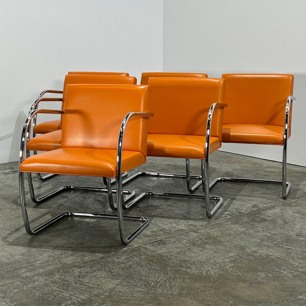 Knoll Brno Tubular Tan Orange Leather Chair by Ludwig Mies van der Rohe, Set of Six @ REHAUS