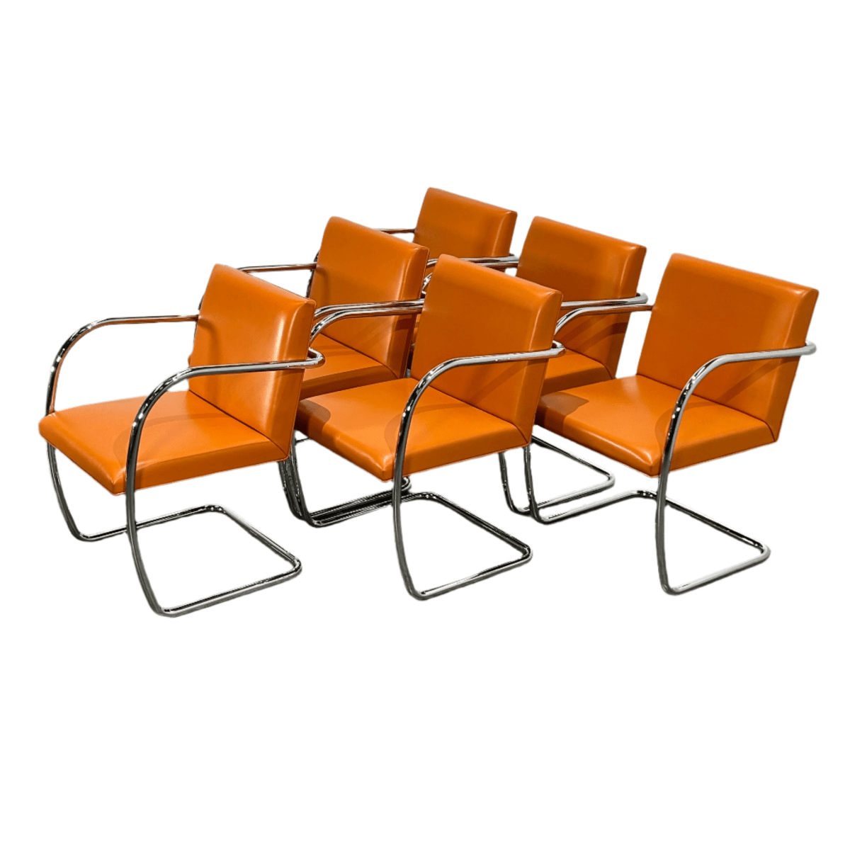 Knoll Brno Tubular Tan Orange Leather Chair by Ludwig Mies van der Rohe, Set of Six @ REHAUS