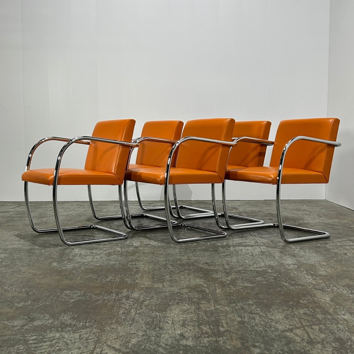 Knoll Brno Tubular Tan Orange Leather Chair by Ludwig Mies van der Rohe, Set of Six @ REHAUS