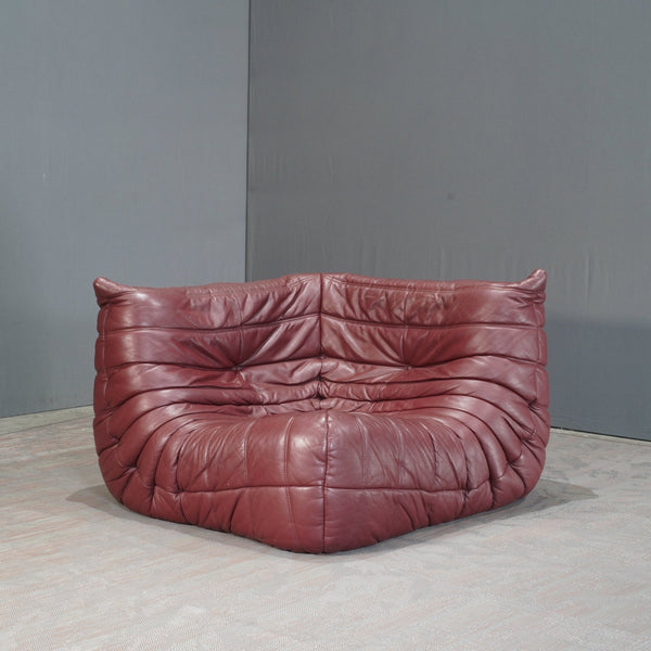 Ligne Roset Burgundy Leather Modular Sofas and Footstool, by Michel Ducaroy, Set of Six @ REHAUS