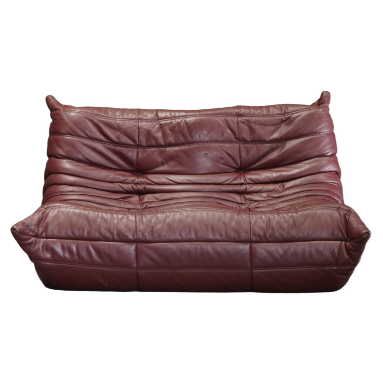 Ligne Roset Burgundy Leather Modular Sofas and Footstool, by Michel Ducaroy, Set of Six @ REHAUS