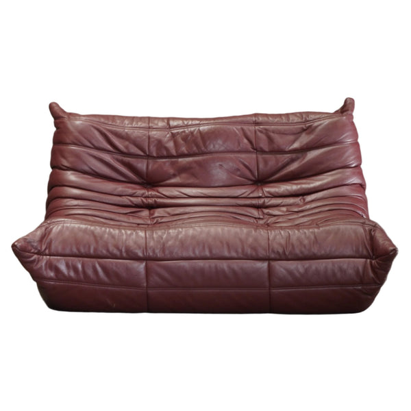 Ligne Roset Burgundy Leather Modular Sofas and Footstool, by Michel Ducaroy, Set of Six @ REHAUS