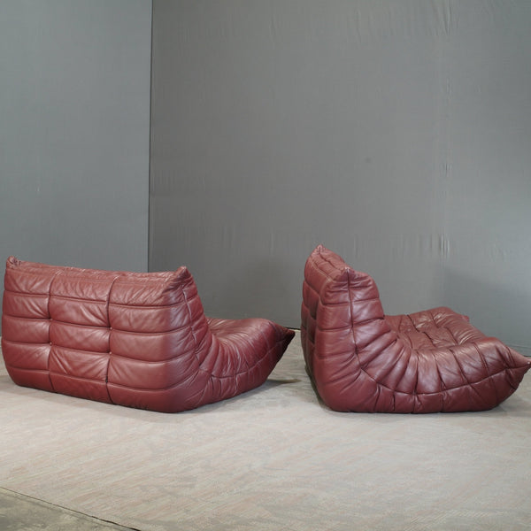 Ligne Roset Burgundy Leather Modular Sofas and Footstool, by Michel Ducaroy, Set of Six @ REHAUS