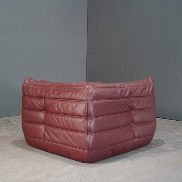 Ligne Roset Burgundy Leather Modular Sofas and Footstool, by Michel Ducaroy, Set of Six @ REHAUS