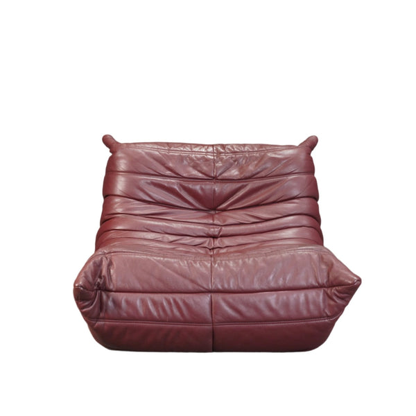 Ligne Roset Burgundy Leather Modular Sofas and Footstool, by Michel Ducaroy, Set of Six @ REHAUS