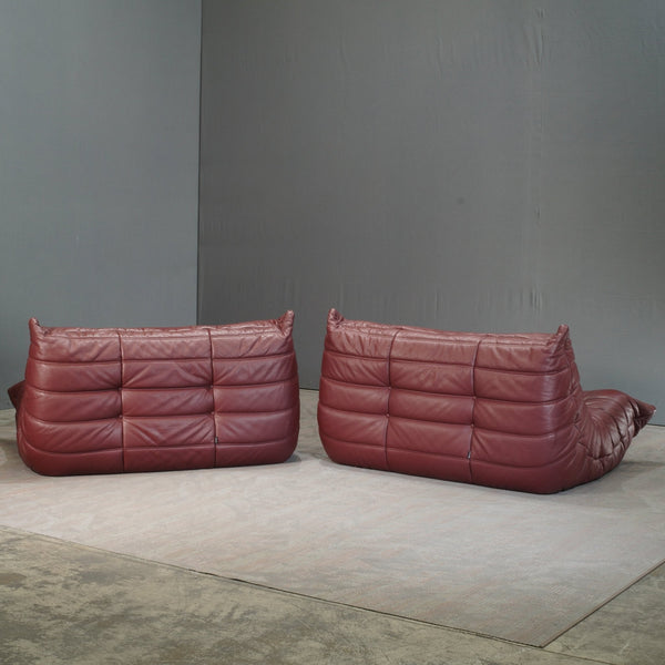 Ligne Roset Burgundy Leather Modular Sofas and Footstool, by Michel Ducaroy, Set of Six @ REHAUS