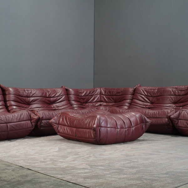 Ligne Roset Burgundy Leather Modular Sofas and Footstool, by Michel Ducaroy, Set of Six @ REHAUS