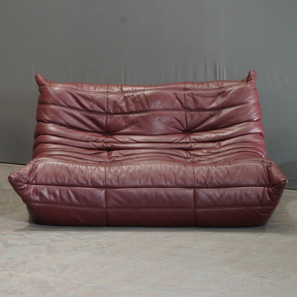Ligne Roset Burgundy Leather Modular Sofas and Footstool, by Michel Ducaroy, Set of Six @ REHAUS