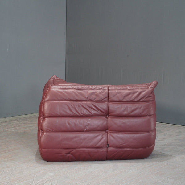 Ligne Roset Burgundy Leather Modular Sofas and Footstool, by Michel Ducaroy, Set of Six @ REHAUS