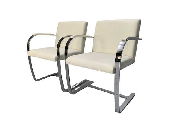 Pair of Knoll Studio Brno Flat Bar Armchairs - in Chrome & White Leather